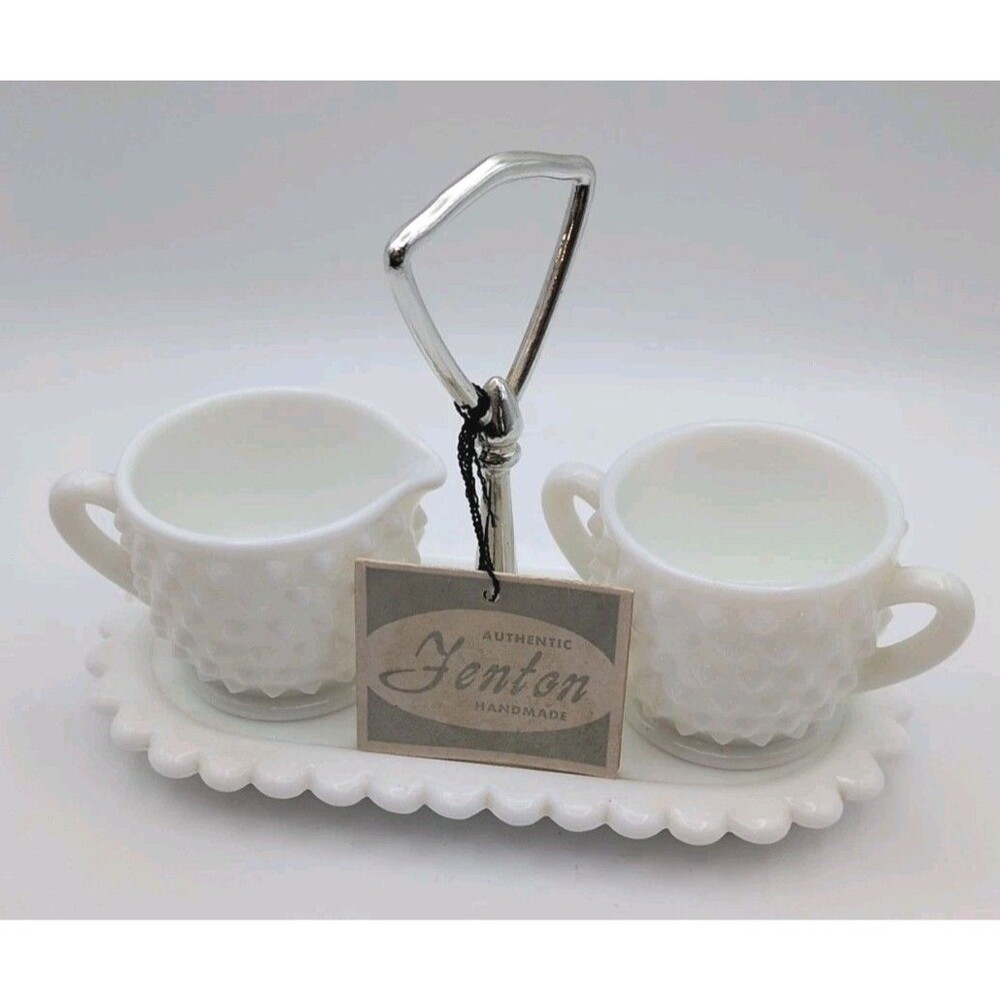 Fenton Milk Glass Hobnail Sugar/ Creamer With Tray And Tags